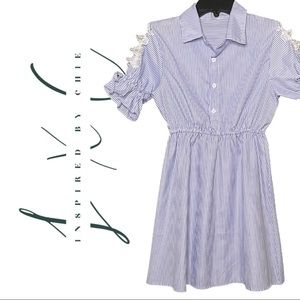 Light Blue Pinstriped Lace and Pearl Sleeved Shirt Dress